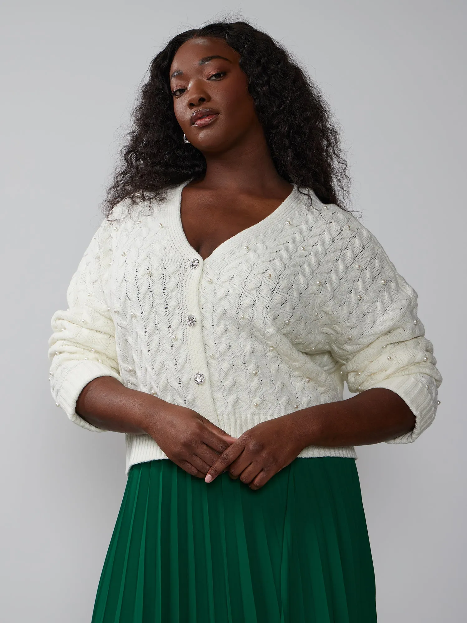 Plus Cable Knit Pearl Detail Cardigan