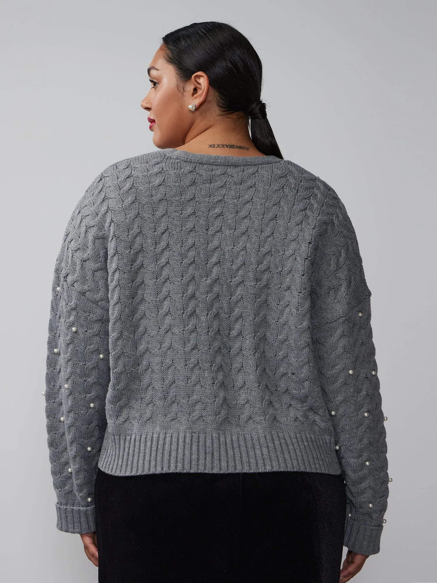 Plus Cable Knit Pearl Detail Cardigan