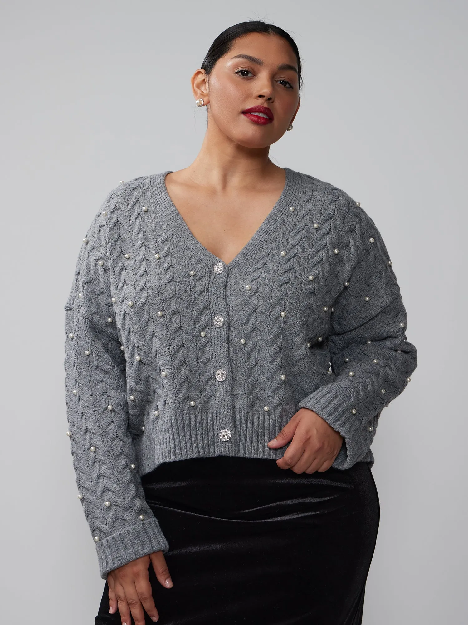 Plus Cable Knit Pearl Detail Cardigan