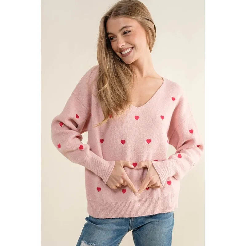 Plus Size Heart Pattern Boxy Knit Pullover Sweater Pink