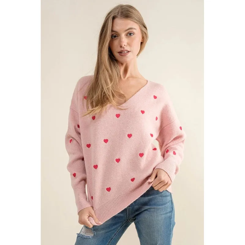 Plus Size Heart Pattern Boxy Knit Pullover Sweater Pink