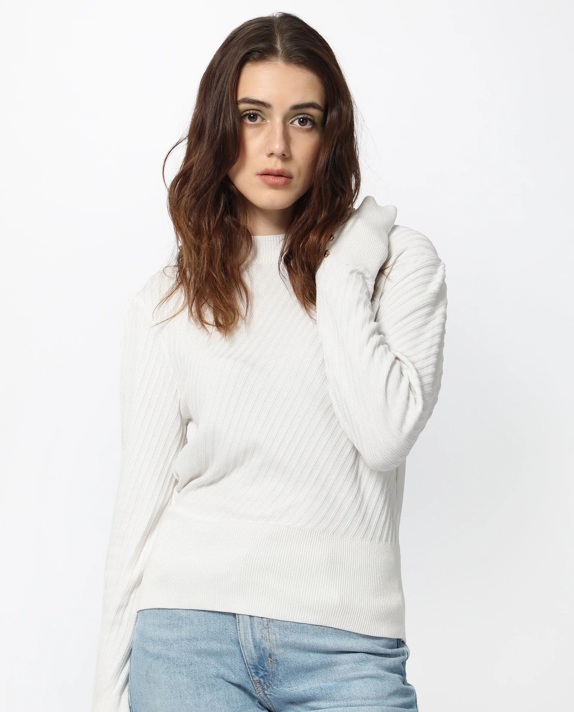 Rareism Women Fischer White Viscose Fabric Full Sleeves High Neck Regular Fit Plain Sweater