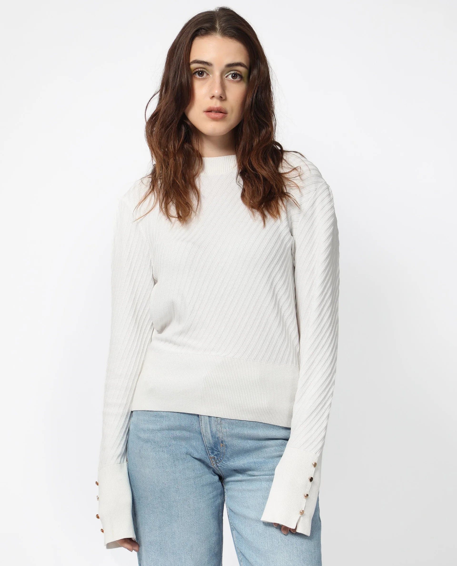 Rareism Women Fischer White Viscose Fabric Full Sleeves High Neck Regular Fit Plain Sweater