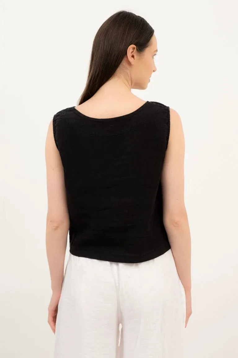 Raw Linen Buttoned Vest Black