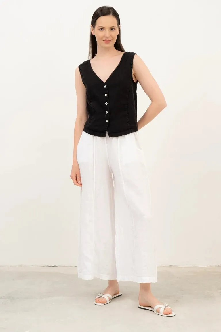 Raw Linen Buttoned Vest Black