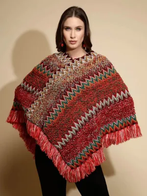 Red Abstract print Full Sleeve V-Neck Acrylic Poncho