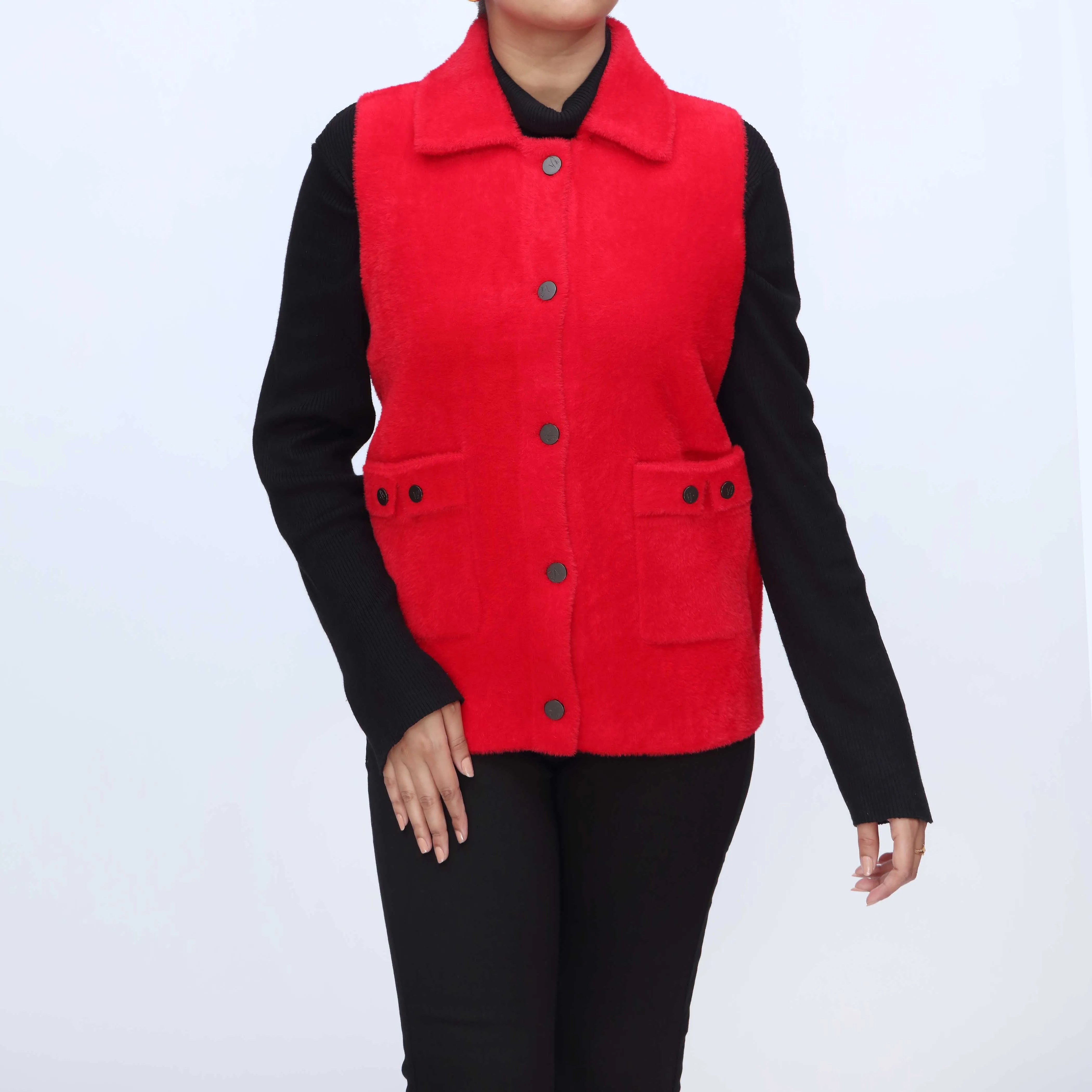 Red Sleeveless collared Cardigan PW3928