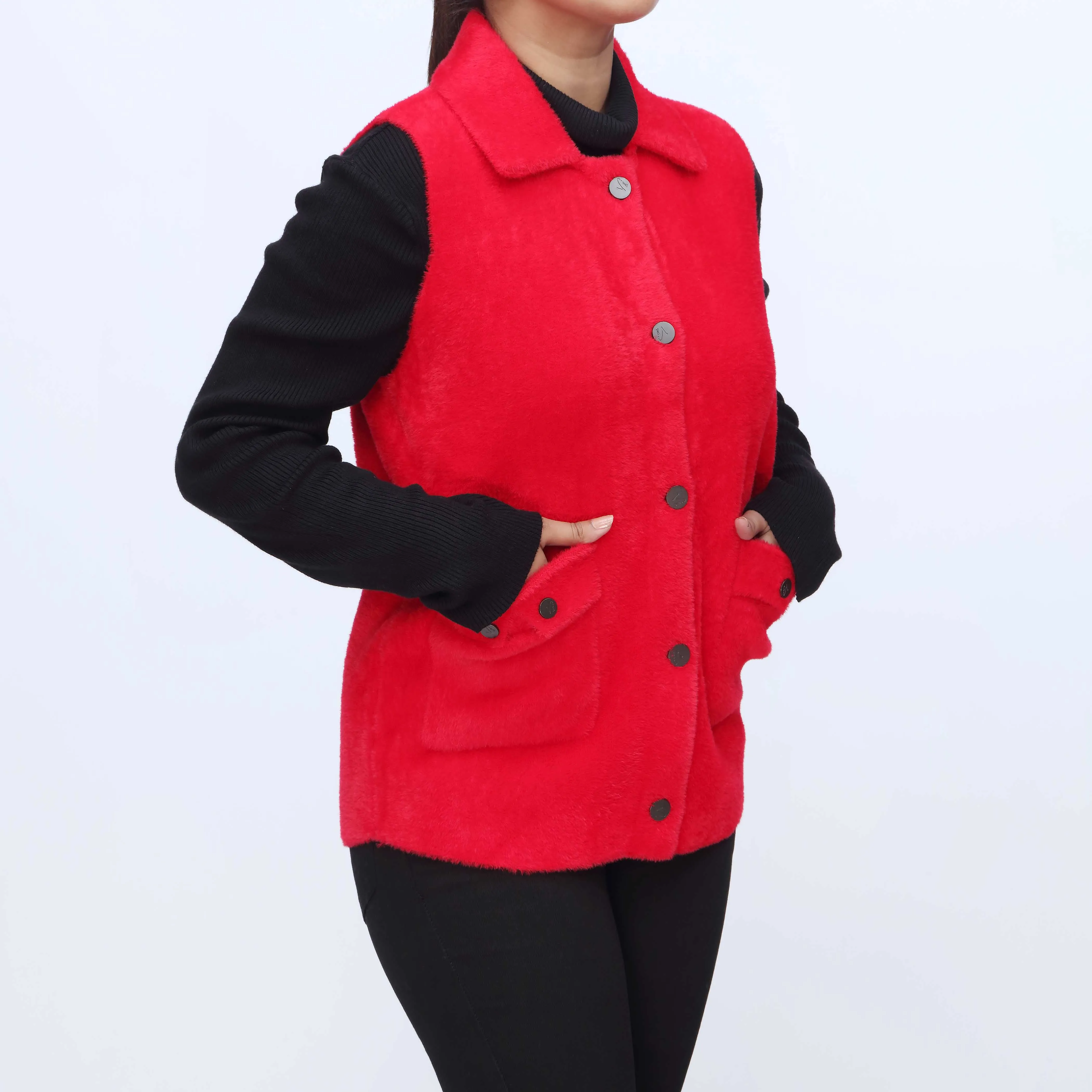 Red Sleeveless collared Cardigan PW3928