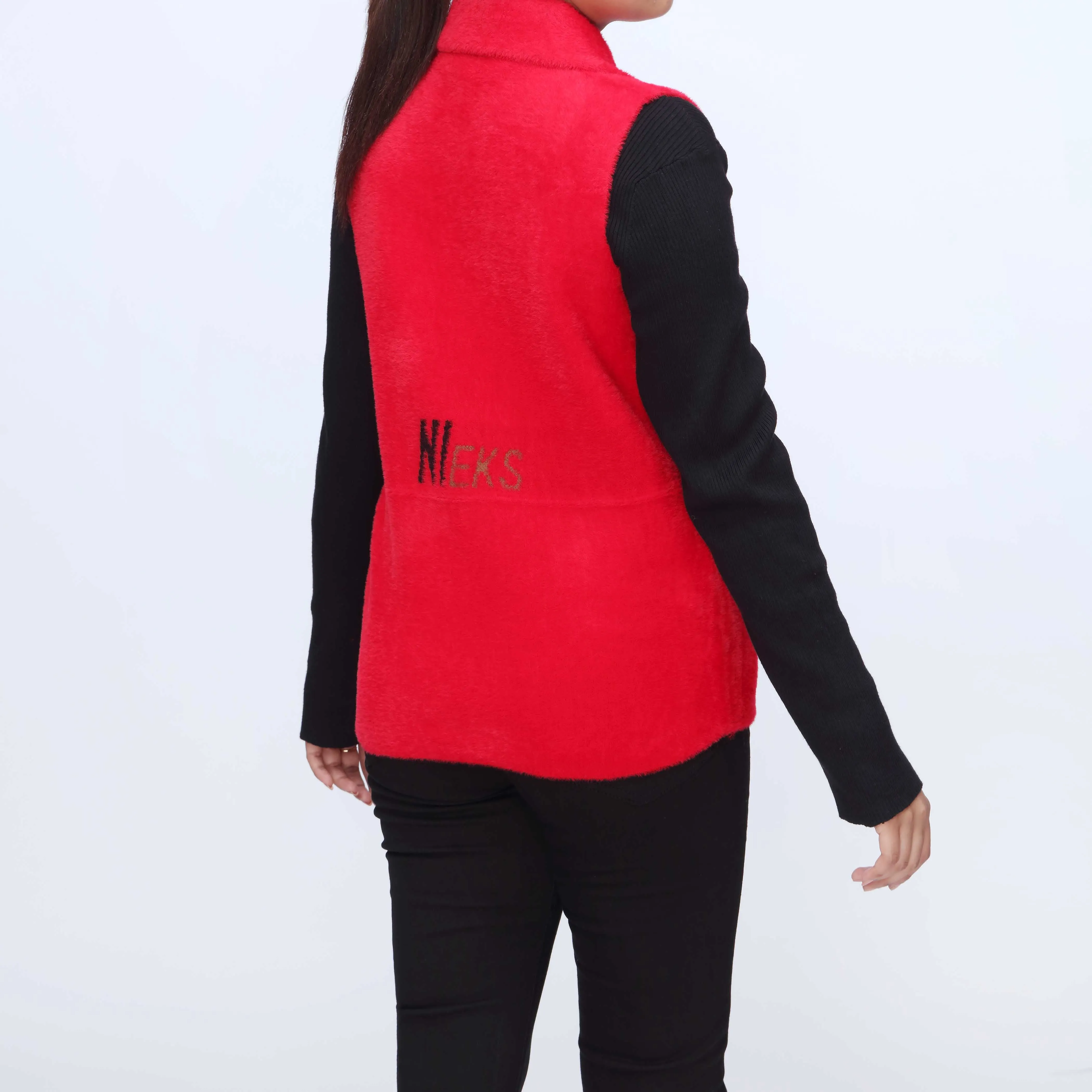 Red Sleeveless collared Cardigan PW3928