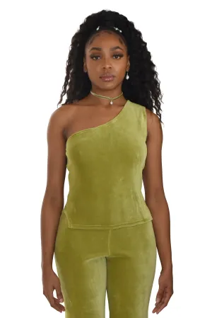 Rib Cotton Velvet Godet Asymmetric Top Olive