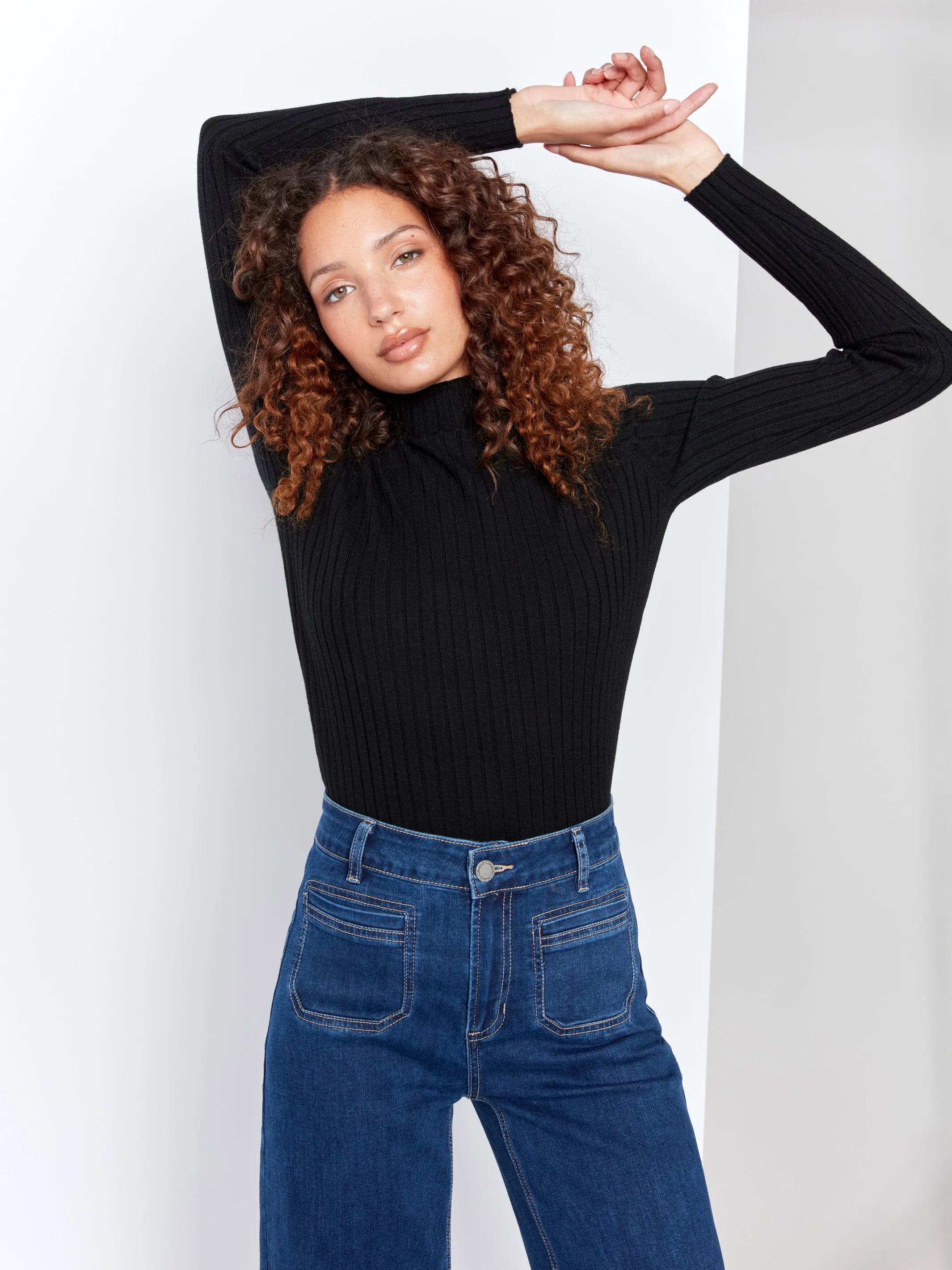 Ribbed Knit Mock Neck Sweater - Black