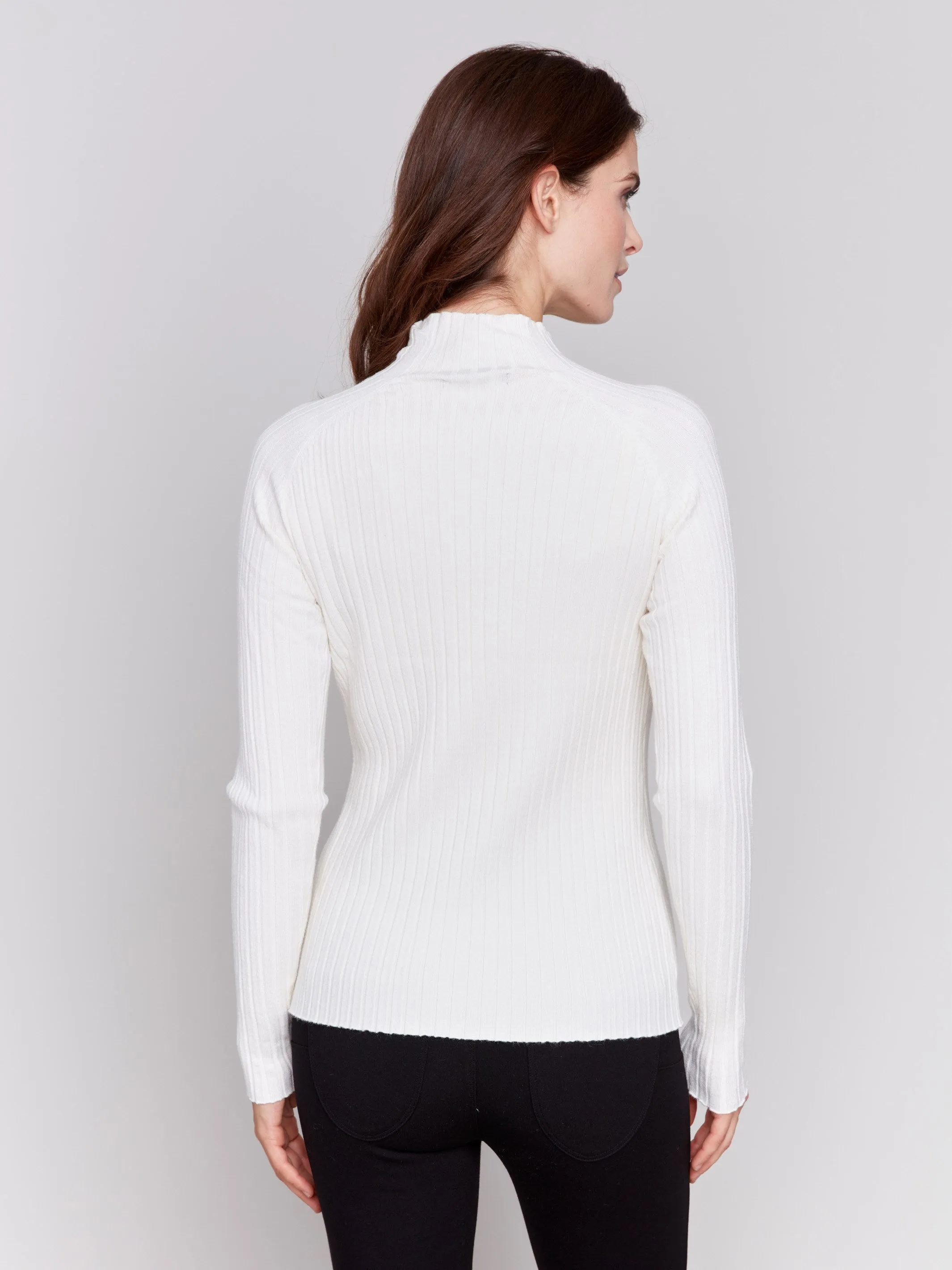 Ribbed Knit Mock Neck Sweater - Ecru