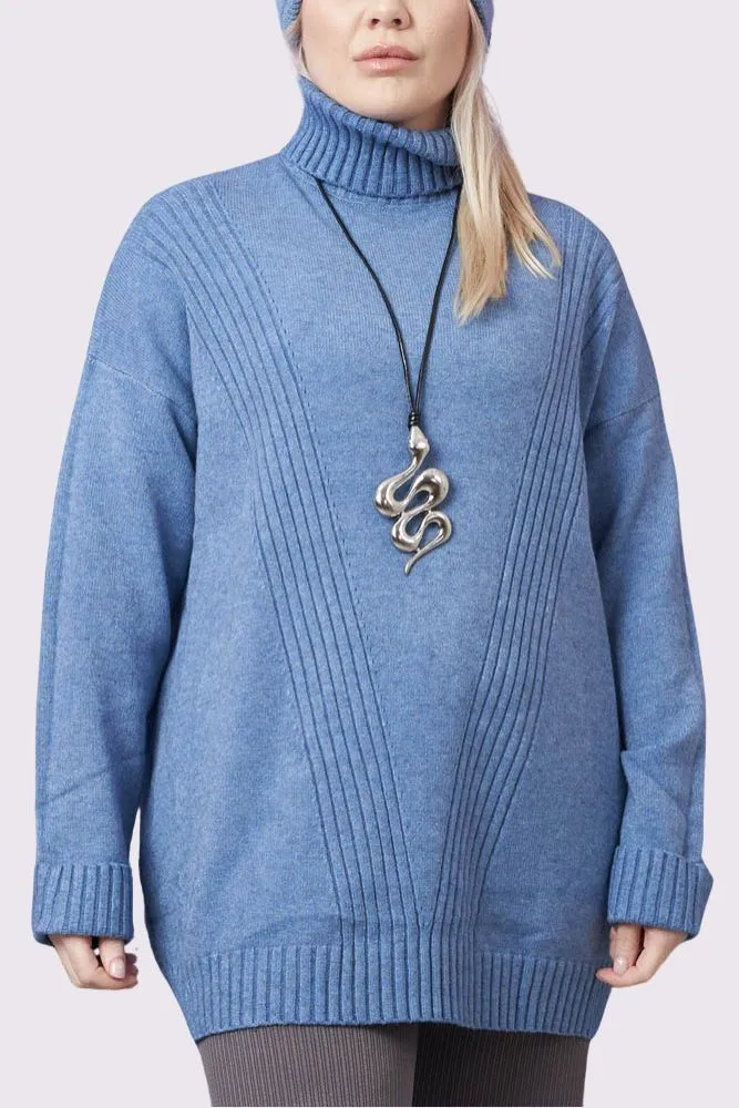 Ribbed Stripe Pattern Cowl Neck Tunic Jumper