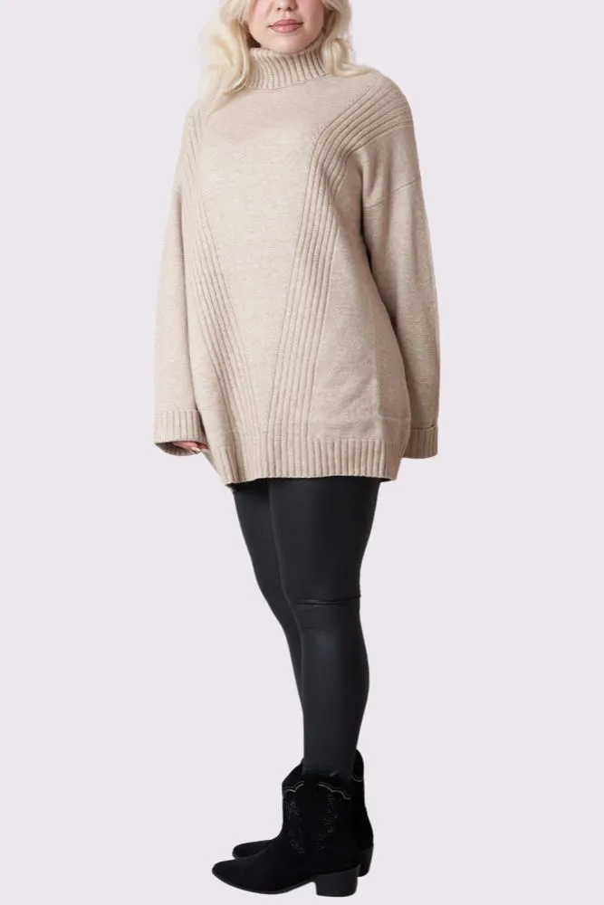 Ribbed Stripe Pattern Cowl Neck Tunic Jumper