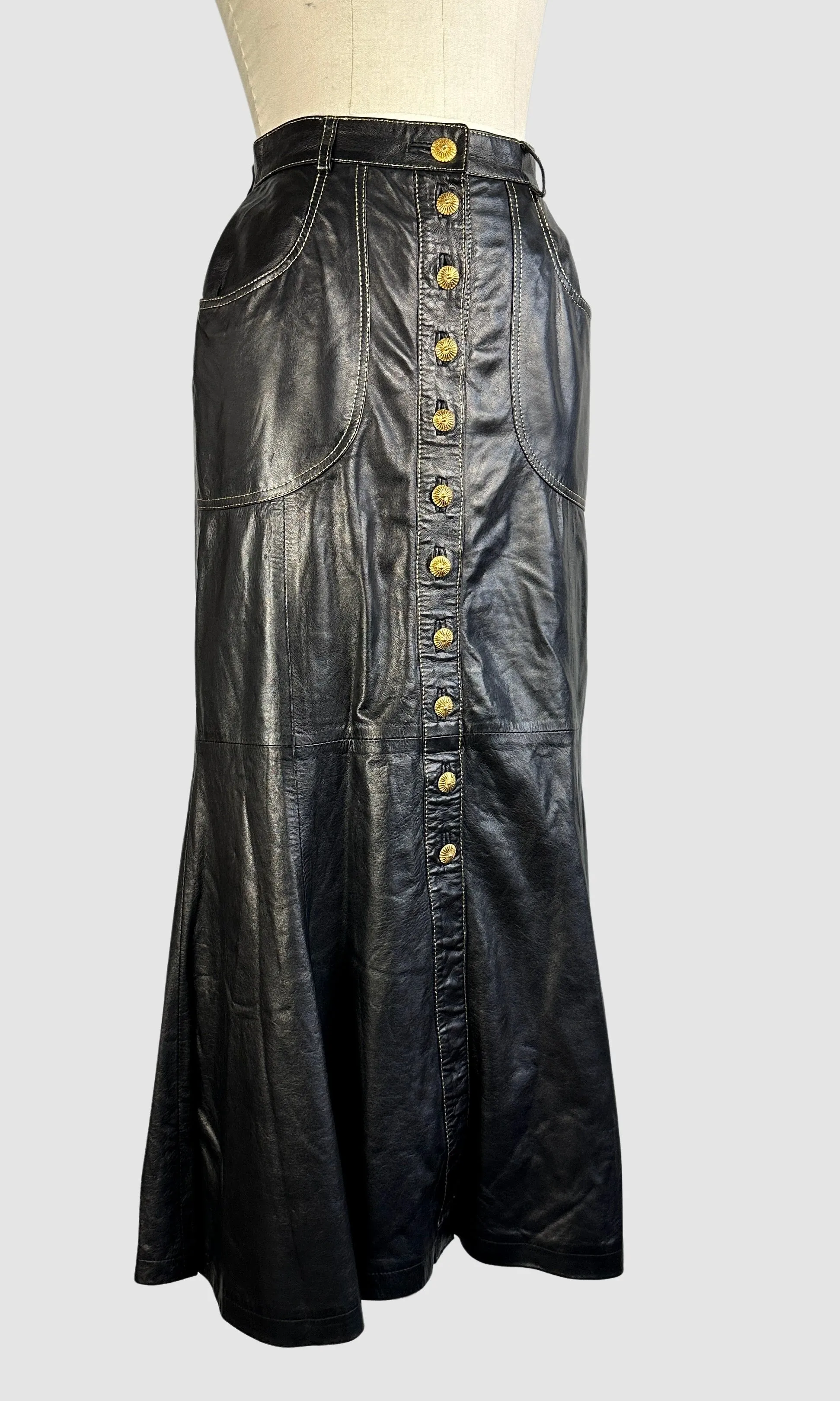 ROBERTO CAVALLI 90s Black Leather Midi Skirt • Small