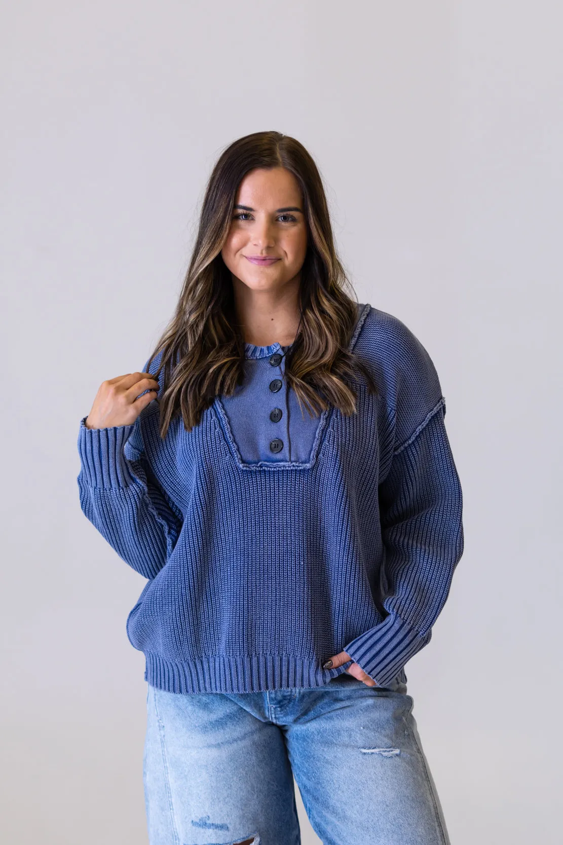 Sarah Button Up Knit Top | Washed Blue