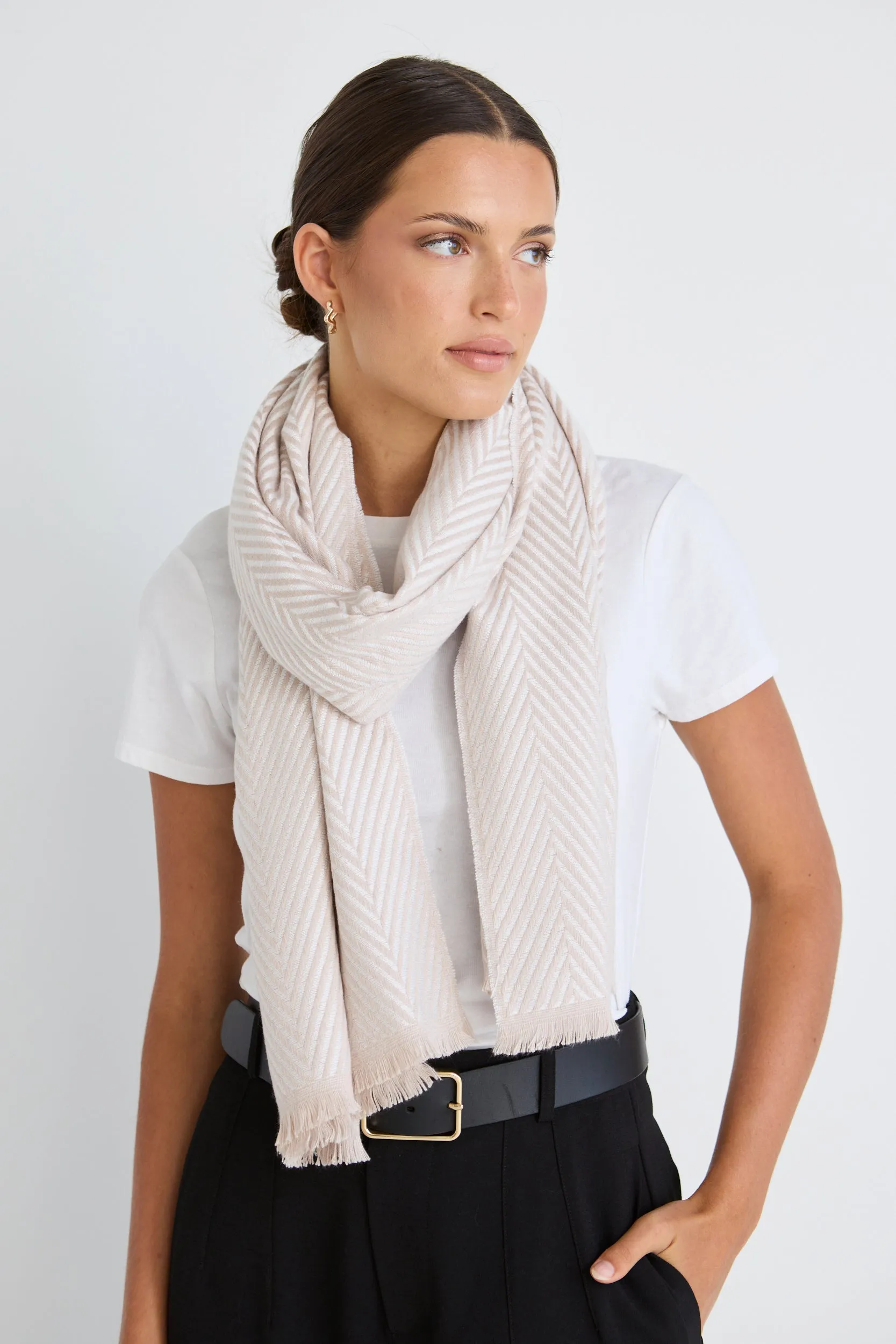 Soft Cream Herringbone Winter Scarf