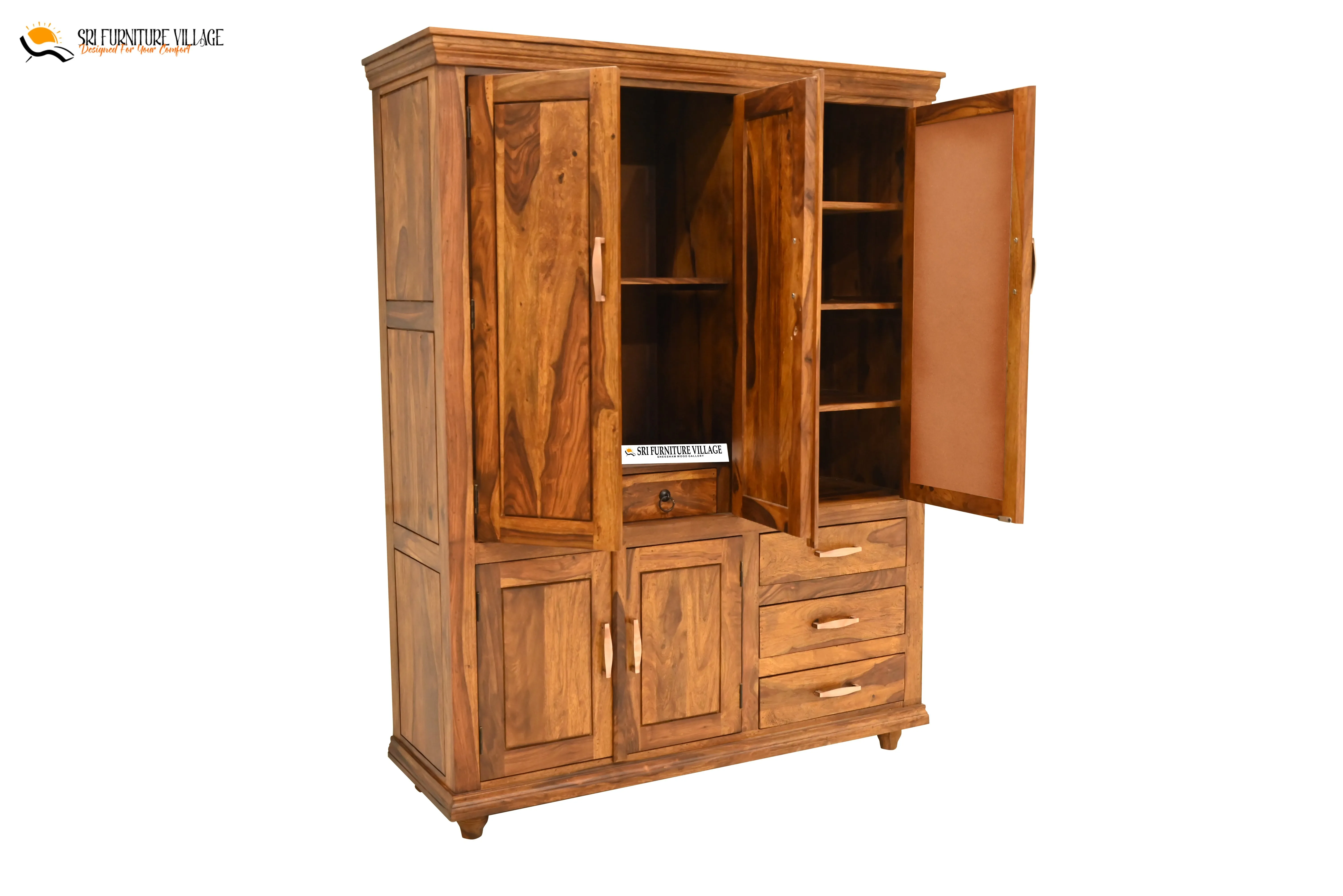 Solid Sheesham Wood Plain 5 Door & Drawer's  Wardrobe (Stone Finish) - 6123