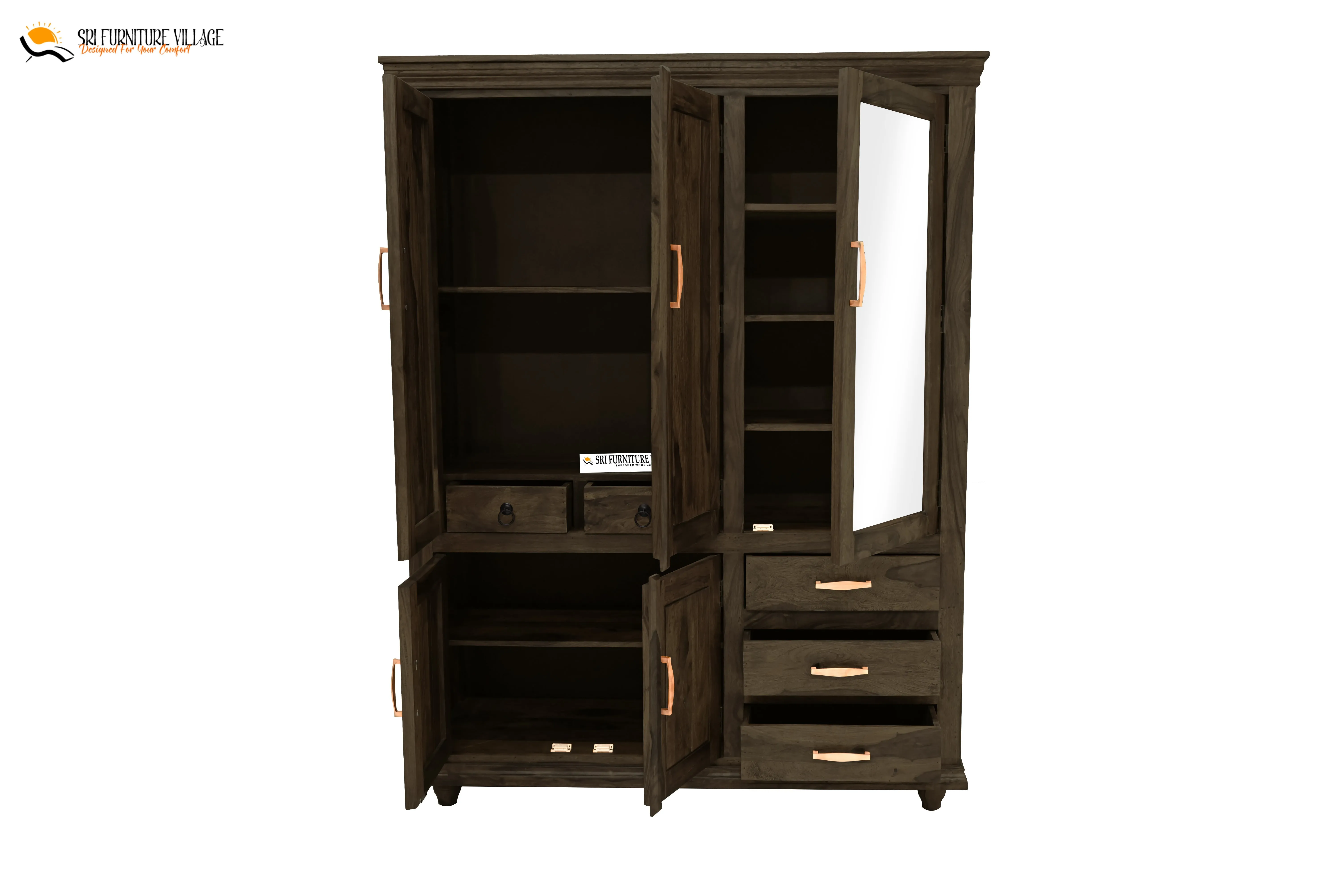 Solid Sheesham Wood Plain 5 Door & Drawer's  Wardrobe (Stone Finish) - 6123