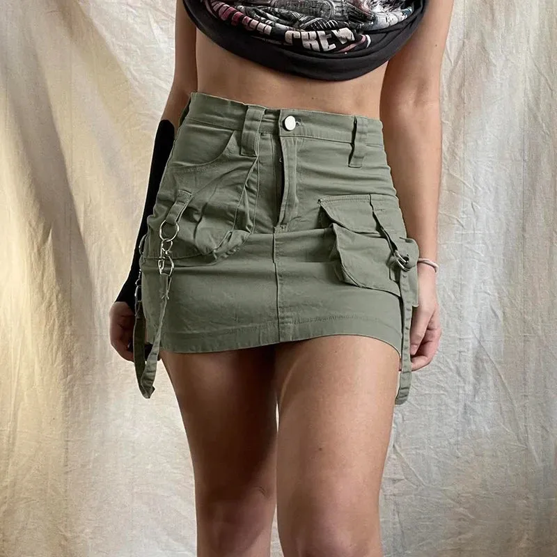 Streetwear Retro Ribbon Cargo Skirt Women Bodycon Summer Short Pockets Solid Korean Denim Skirt Y2K Aesthetic Outfits