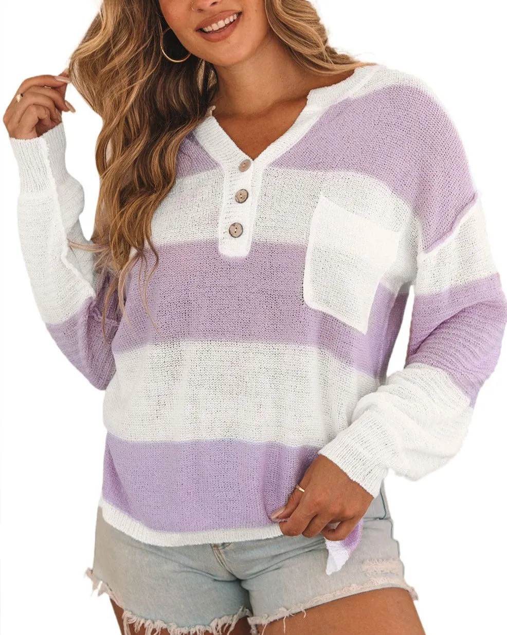 Stripe Chest Pocketed Buttoned Sweater