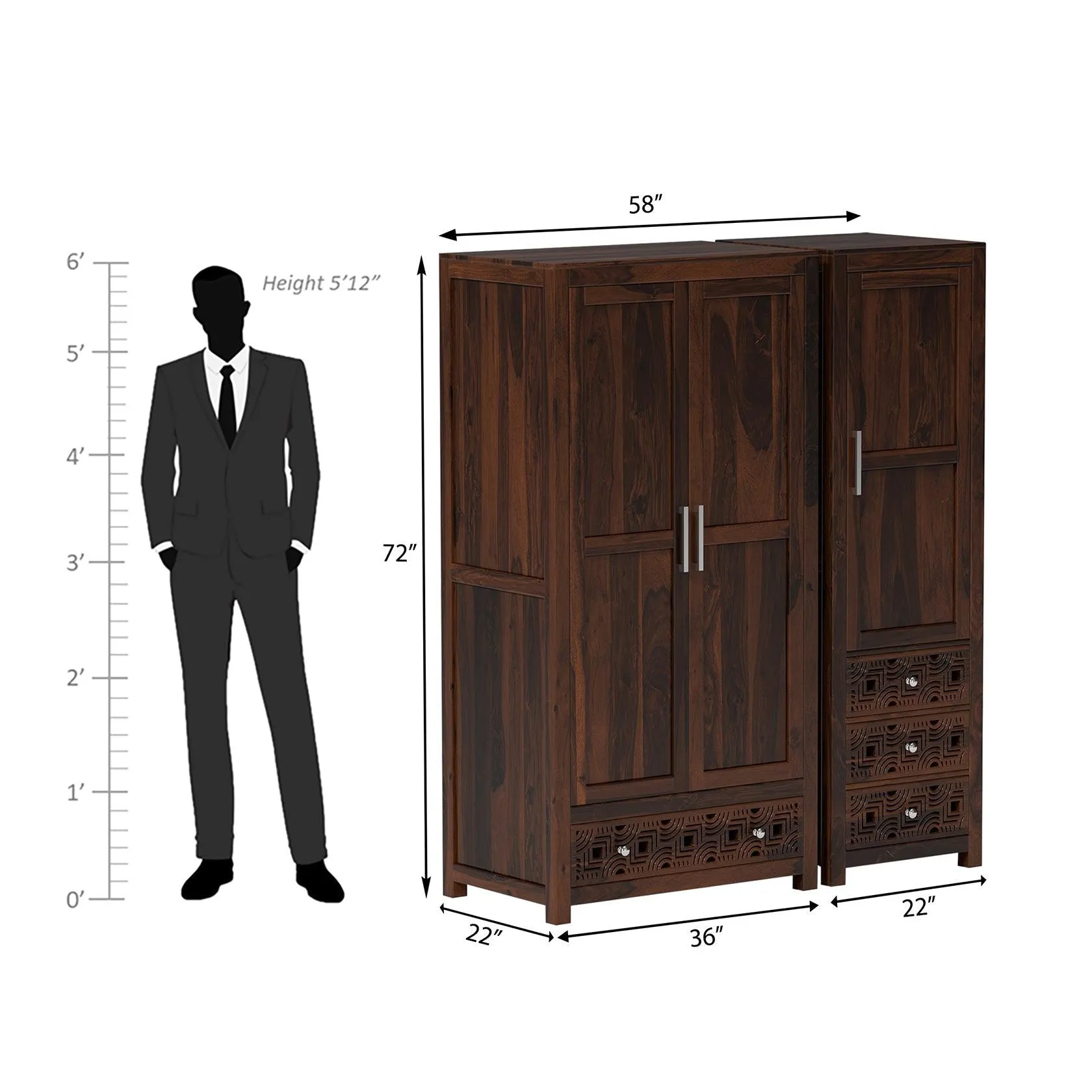 Summita Three Door Sheesham Wood Wardrobe in Walnut Colour