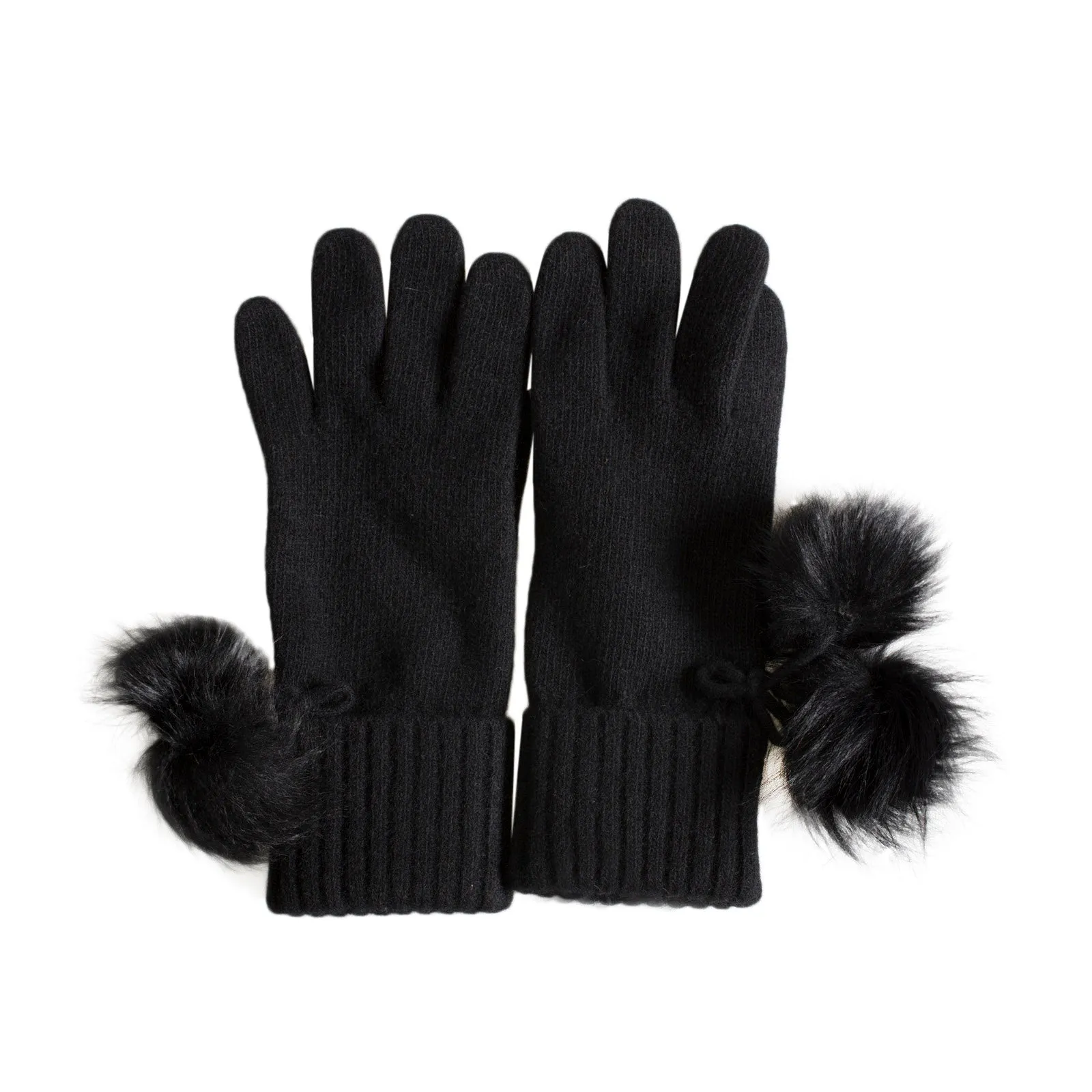 UGG Ribbed Cashmere Black Gloves With Poms - Women's