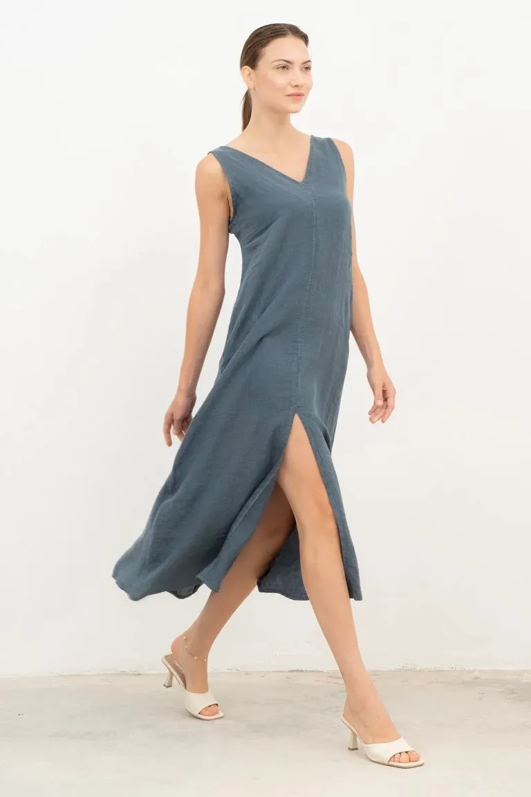 V-Neck Slit Raw Linen Dress