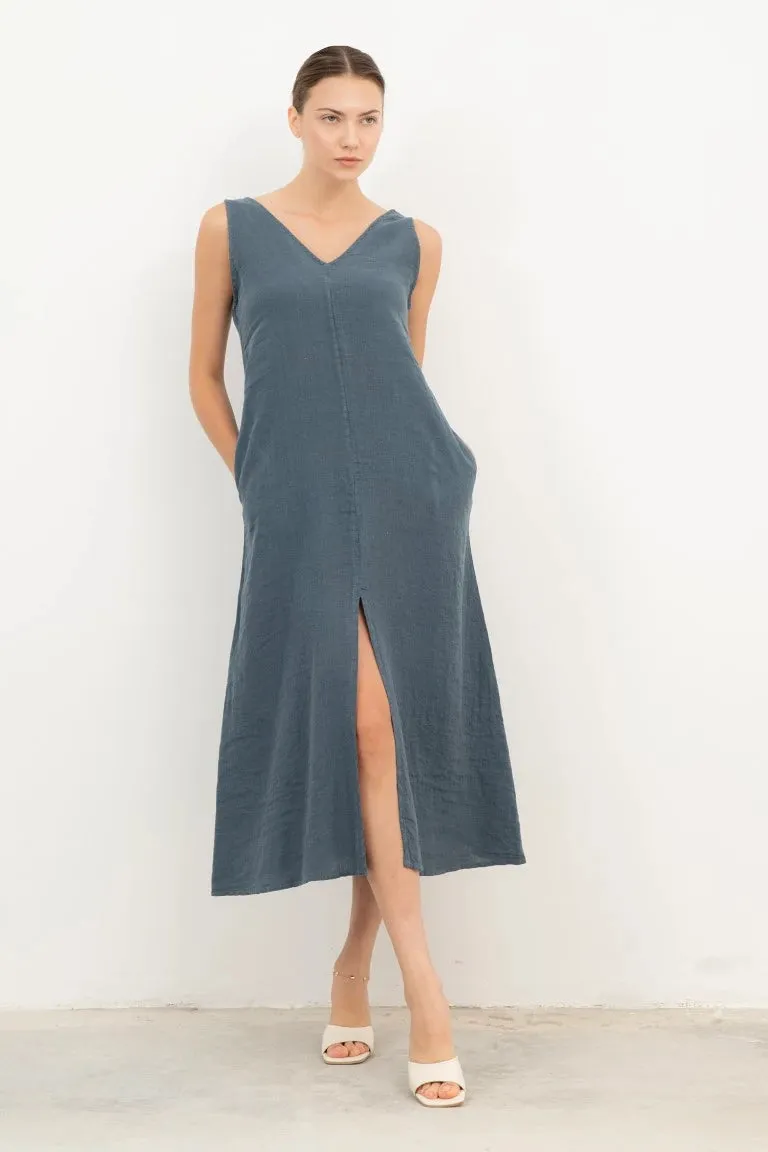 V-Neck Slit Raw Linen Dress