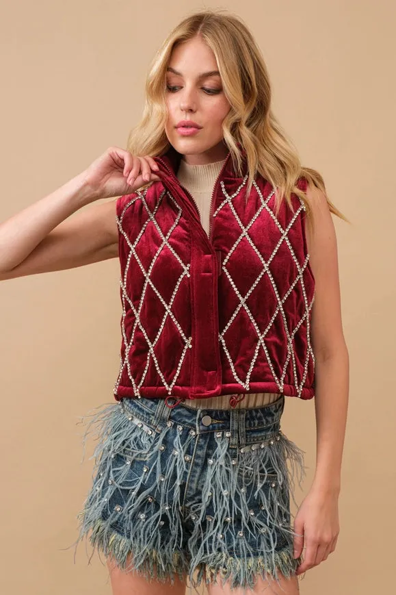 Velvet Quilted Rhinestone Embellished Crop Vest Burgandy