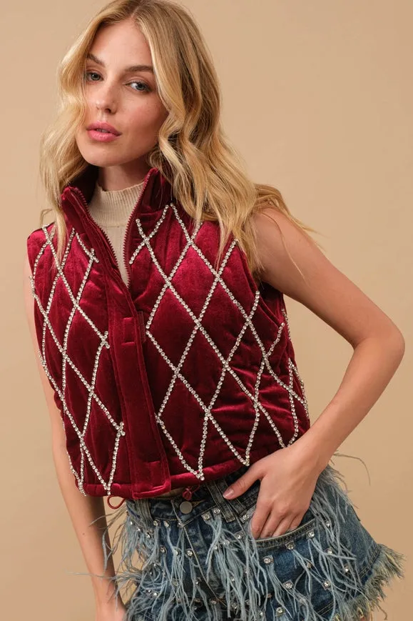 Velvet Quilted Rhinestone Embellished Crop Vest Burgandy