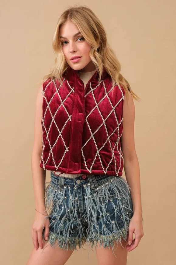 Velvet Quilted Rhinestone Embellished Crop Vest Burgandy