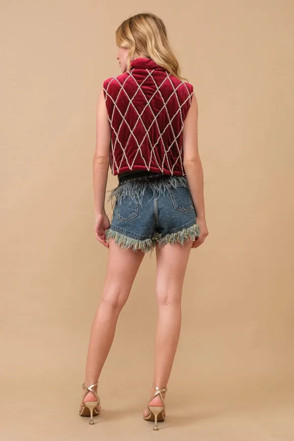 Velvet Quilted Rhinestone Embellished Crop Vest Burgandy