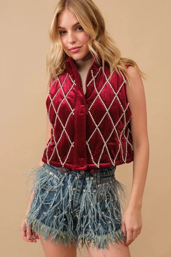 Velvet Quilted Rhinestone Embellished Crop Vest Burgandy