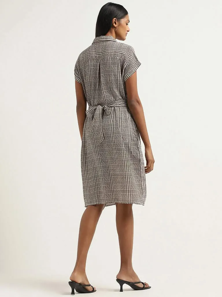 Wardrobe Brown Houndstooth Printed Dress with Belt