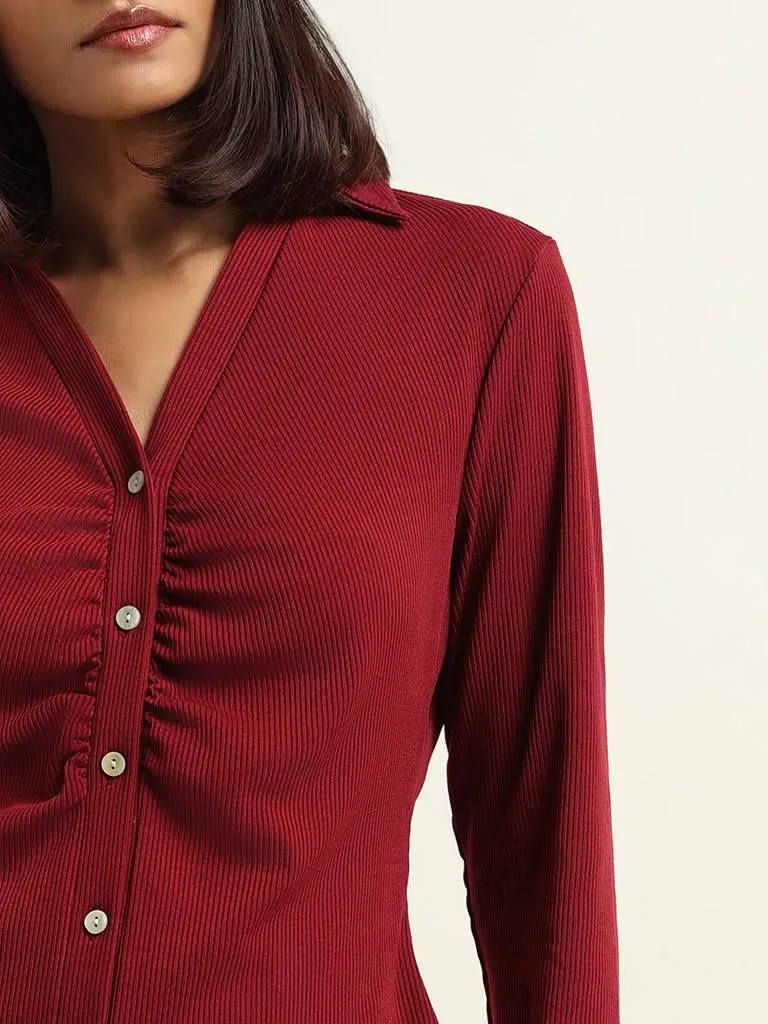 Wardrobe Maroon Ribbed Shirt