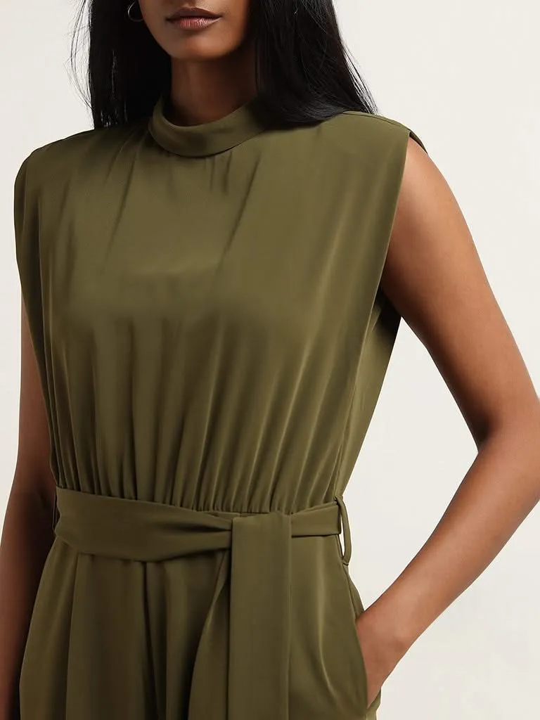 Wardrobe Olive Solid Jumpsuit with Belt