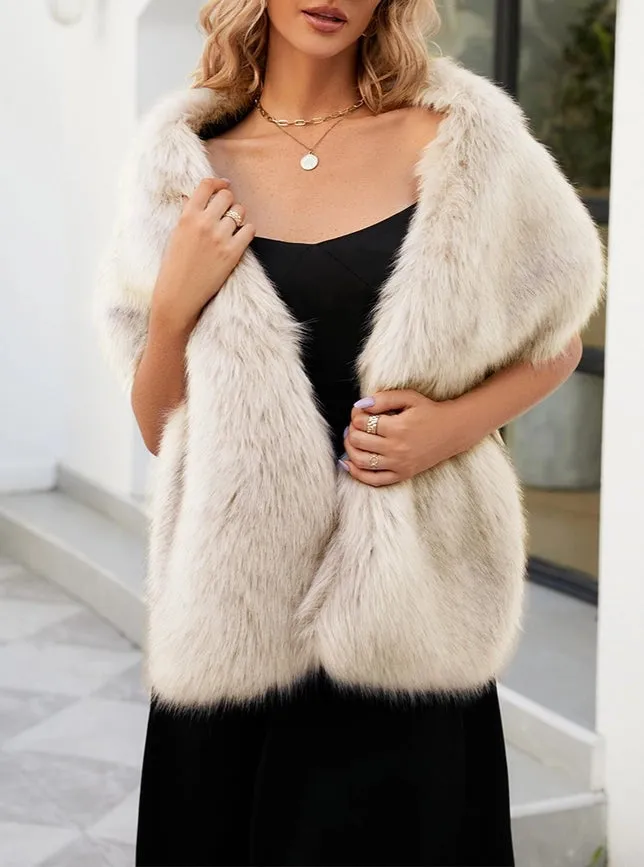 Warm Faux Fur Dress with A Cross Shawl white