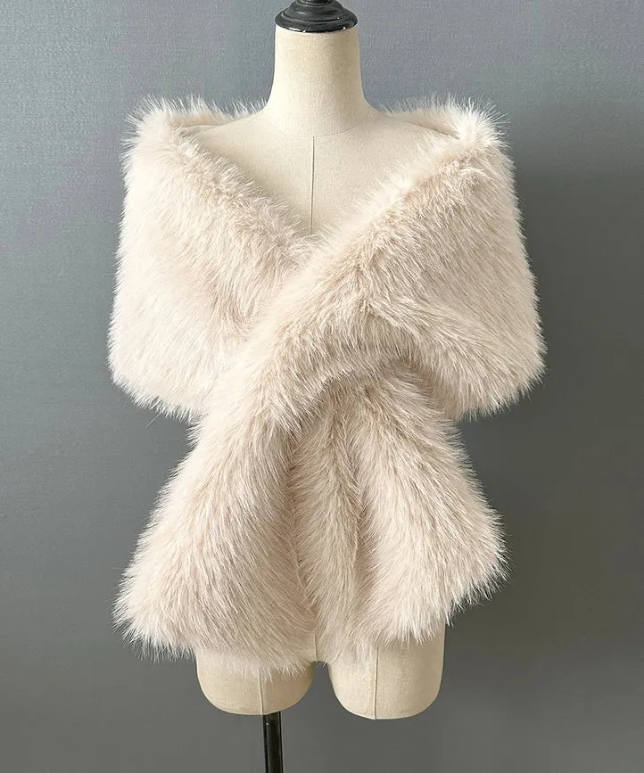 Warm Faux Fur Dress with A Cross Shawl white