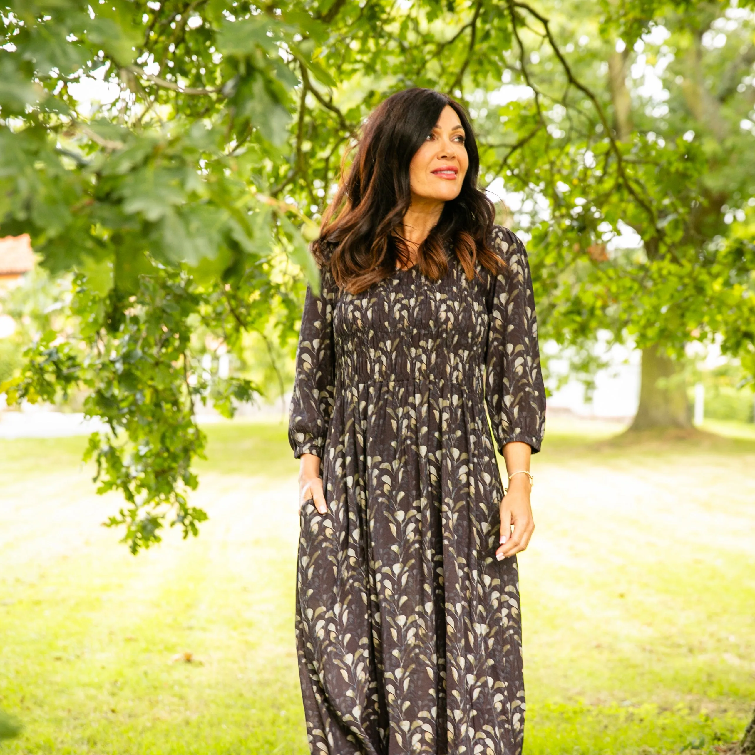 Watercolour Leaf Shirred Dress