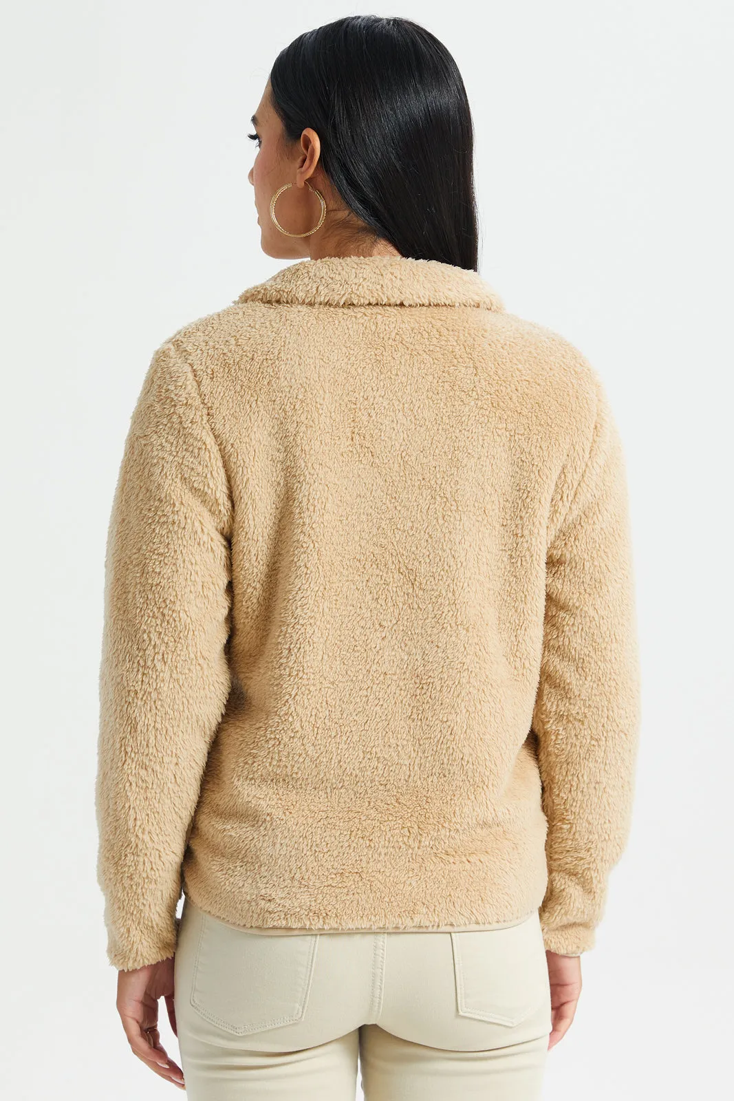 Women Beige Polar Fleece Zip Through Sweatshirt