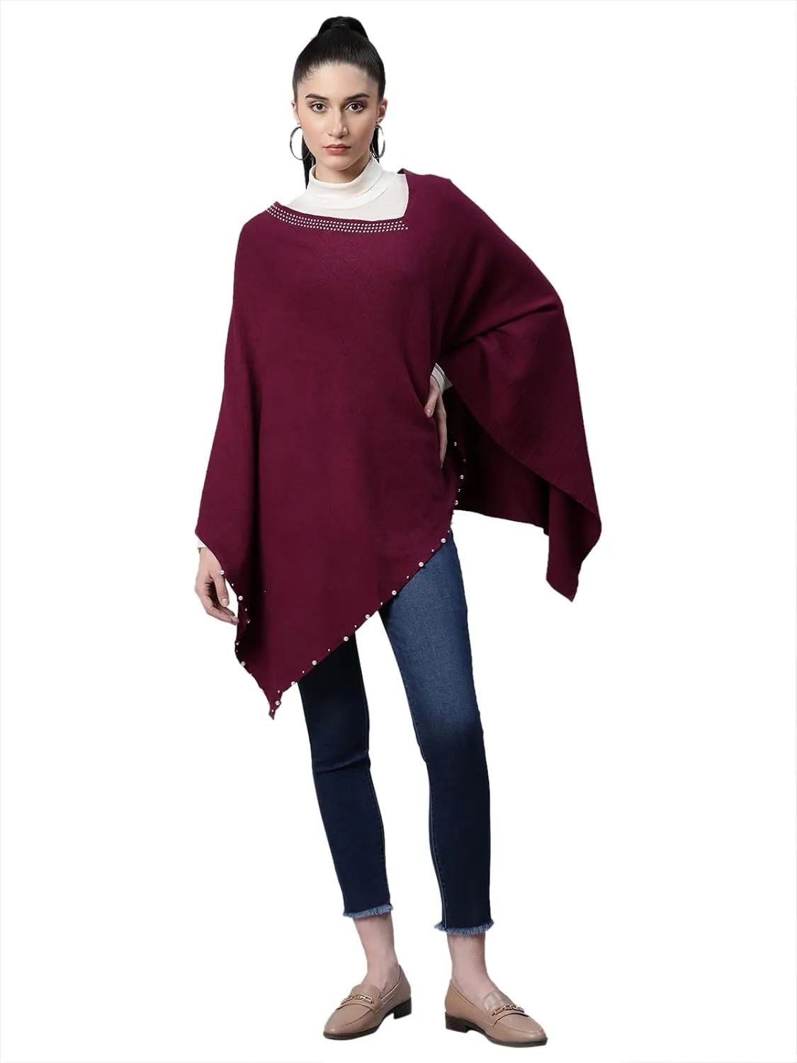 Women Solid Purple Woolen Loose Fit Casual Poncho