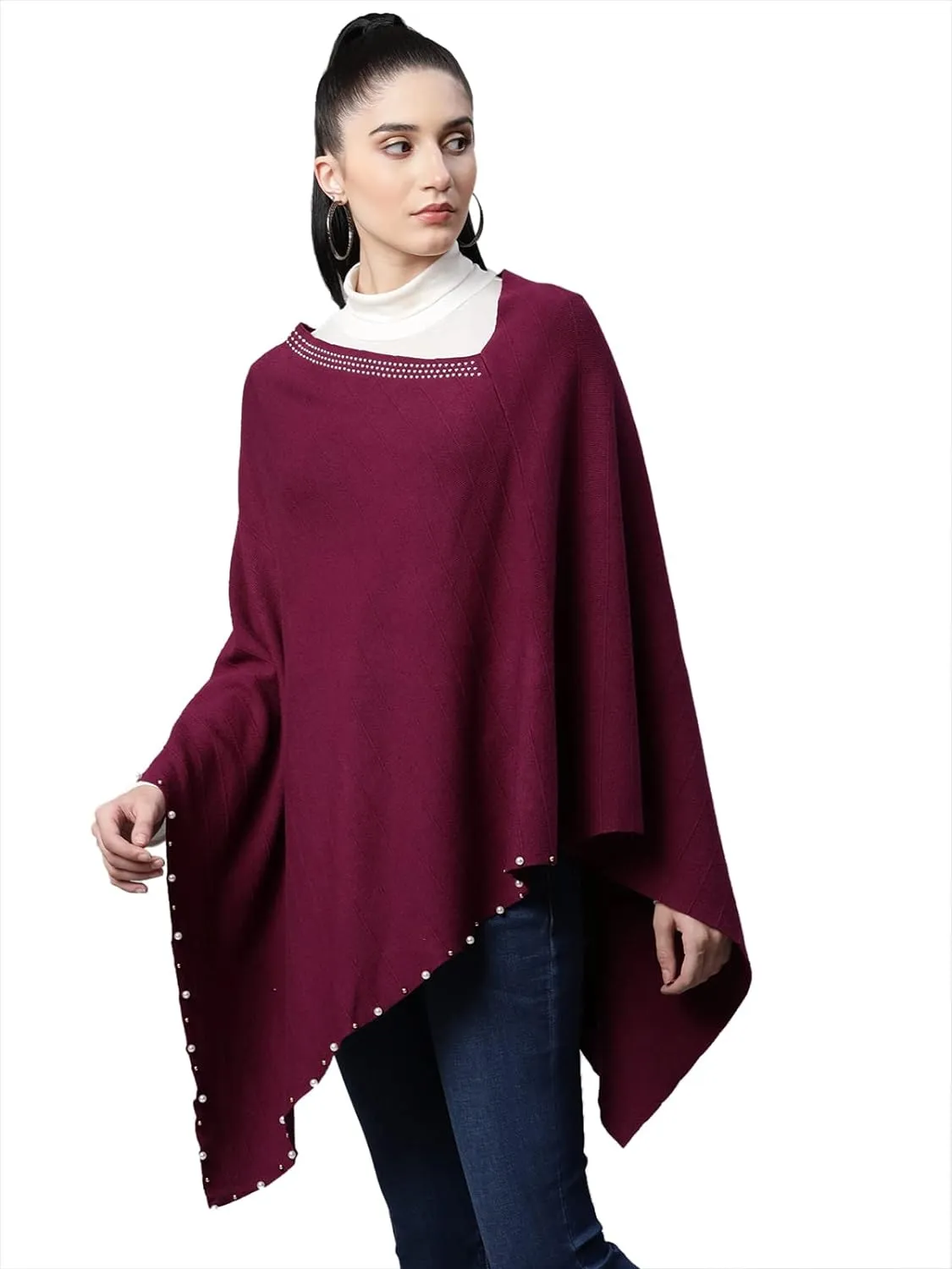 Women Solid Purple Woolen Loose Fit Casual Poncho