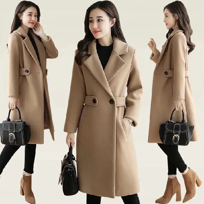 Women - Wool Coat - Stylish Winter Classic with Belt - Warm Outerwear