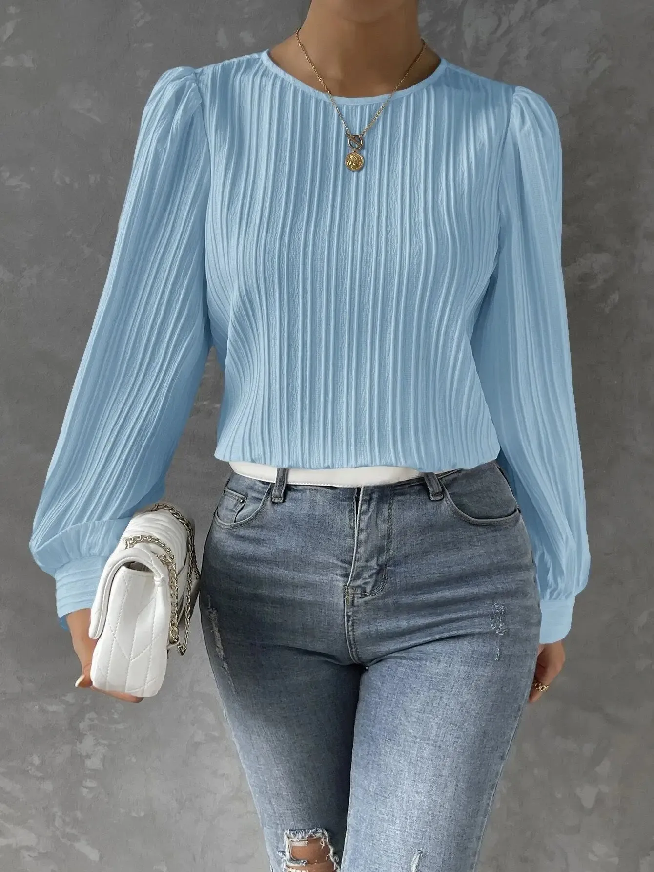 Womens Casual Solid Round Neck Long Sleeve Top