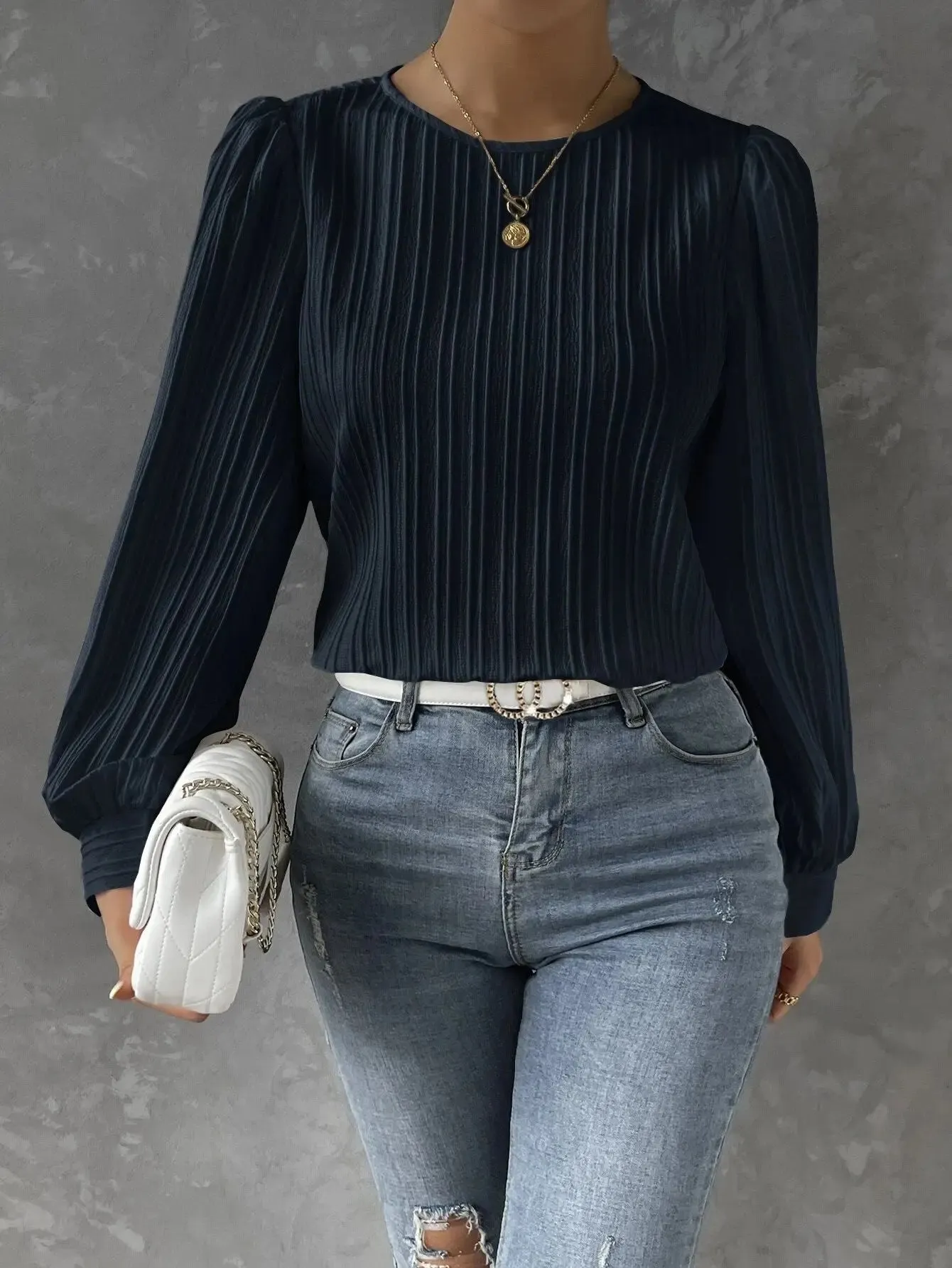 Womens Casual Solid Round Neck Long Sleeve Top