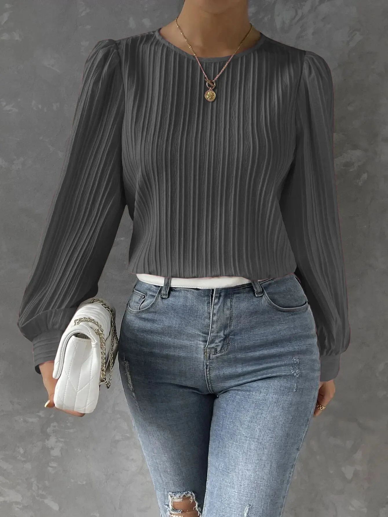 Womens Casual Solid Round Neck Long Sleeve Top