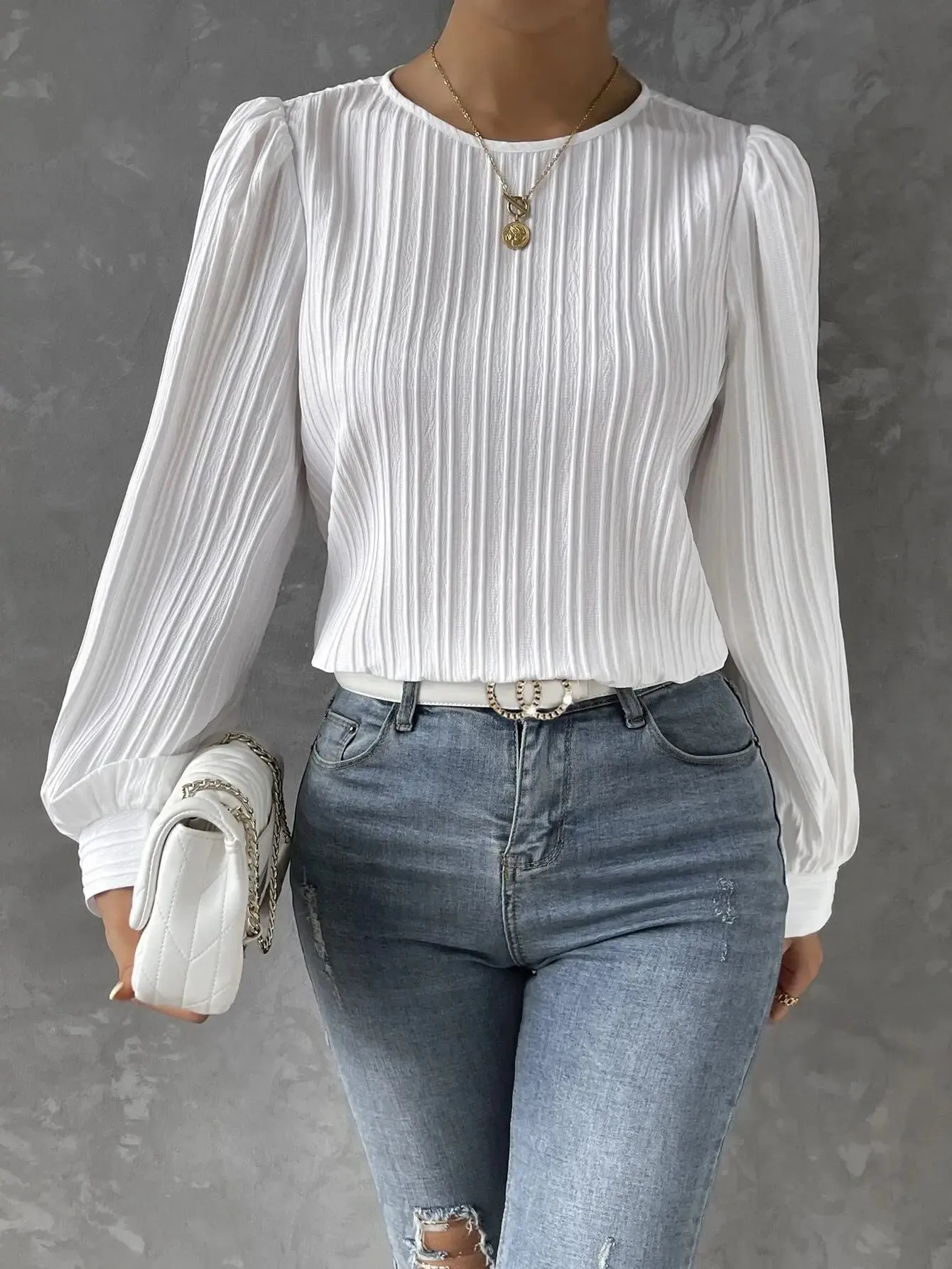 Womens Casual Solid Round Neck Long Sleeve Top