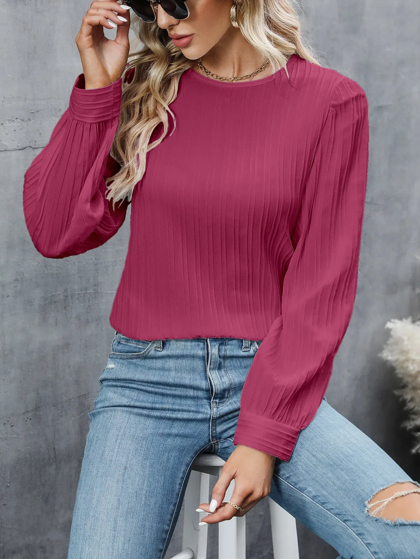 Womens Casual Solid Round Neck Long Sleeve Top