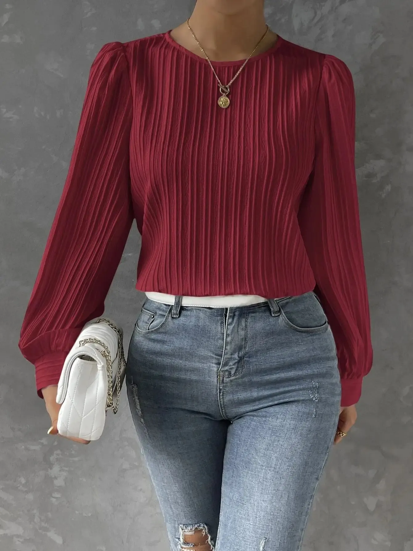 Womens Casual Solid Round Neck Long Sleeve Top